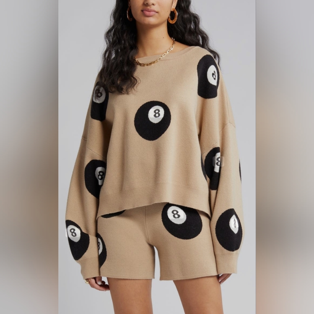 Dressed in LALA Beige & Black 8-Ball Print Sweater
